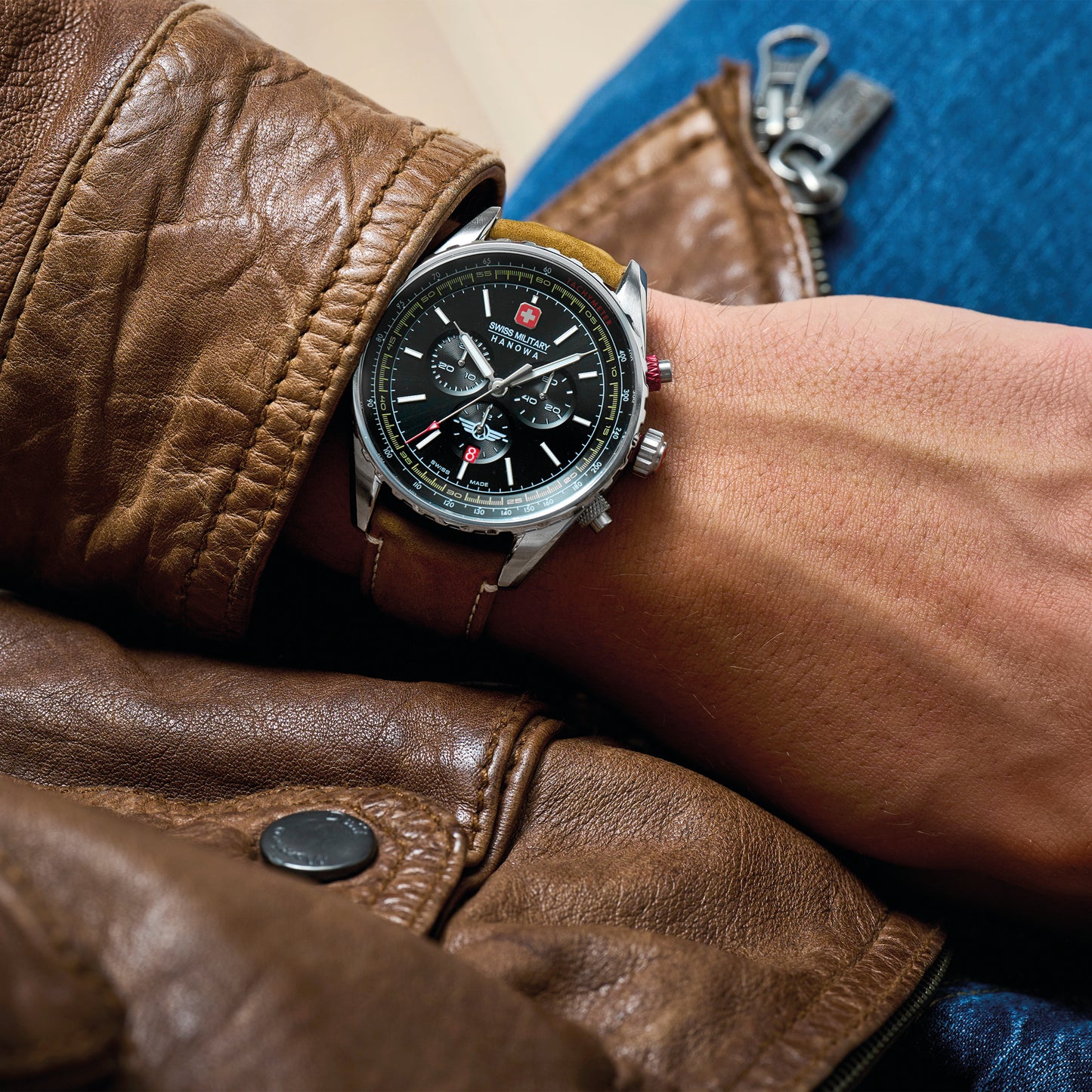 Swiss Military Hanowa Afterburn Chrono. Stainless steel case, black dial and a genuine brown Italian leather strap. 