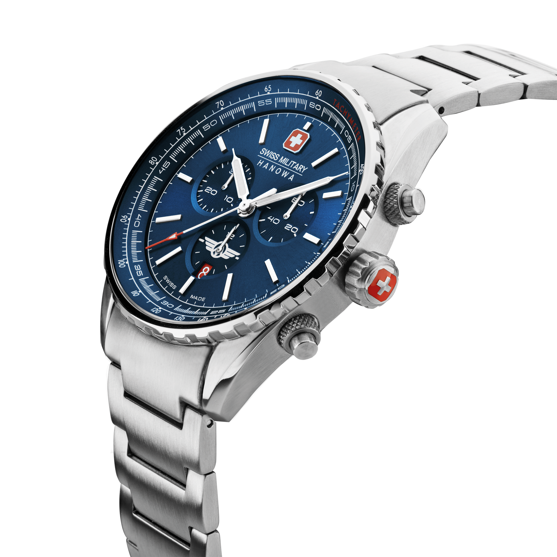 Swiss Military Hanowa Afterburn Chrono. Stainless steel case. Blue dial, Stainless steel bracelet. Side image.