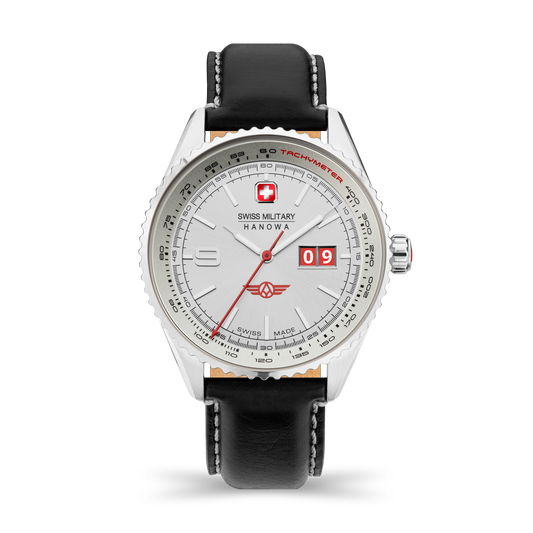 Swiss Military Hanowa Afterburn. Stainless steel case, silver dial, big date with red date disk, genuine italian leather in black. Front image