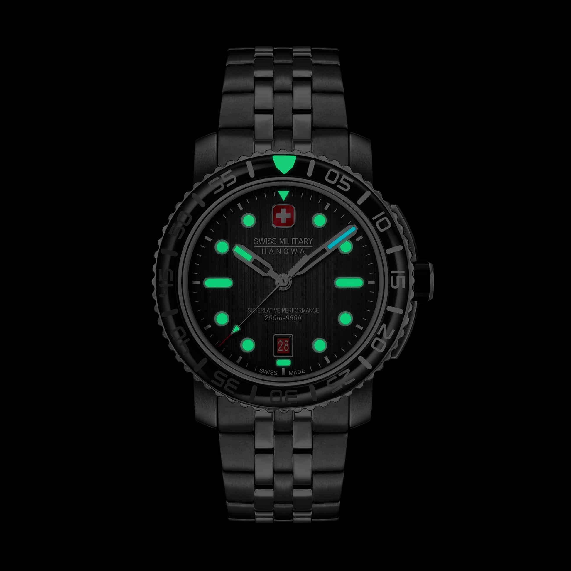 Swiss Military Hanowa Black Marlin SMWGH0001702 , Stainless steel case, black dial, Stainless steel bracelet. Visibility in the night through luminous.