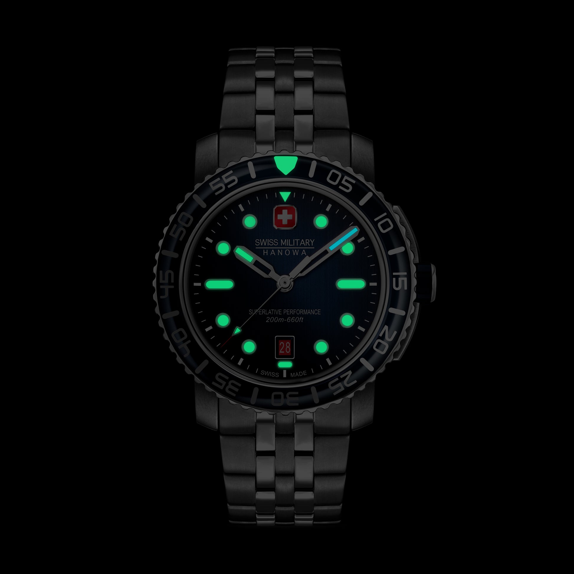 Swiss Military Hanowa Black Marlin SMWGH0001703 , Stainless steel case, blue dial, Stainless steel bracelet. Visibility in the dark through luminous.