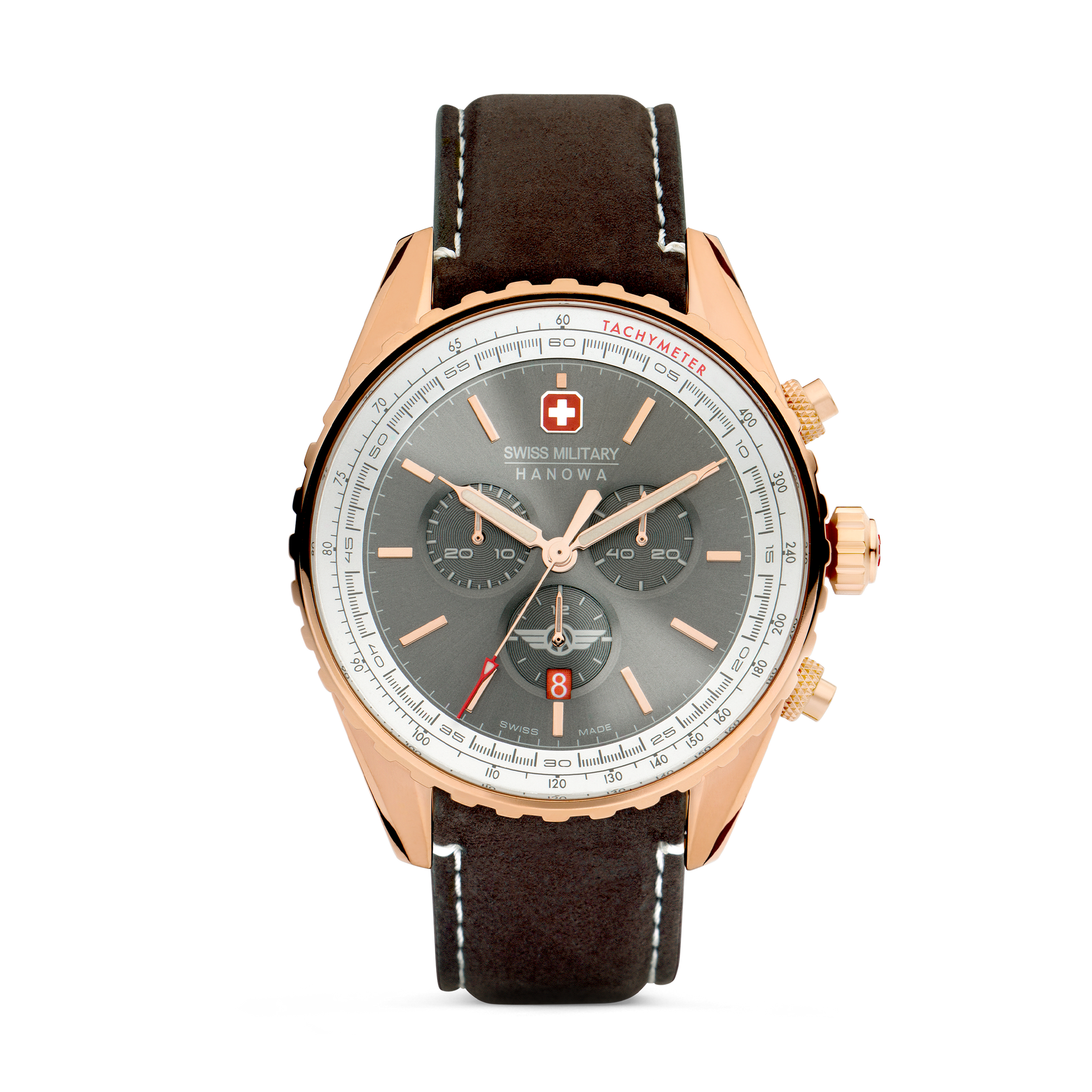 Swiss Military Hanowa Afterburn Chrono. Stainless steel case in rosegold PDV plating, light grey dial and a genuine dark brown Italian leather strap.