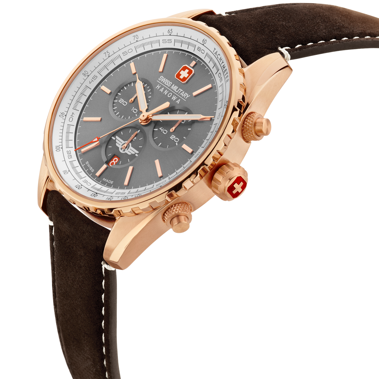 Swiss Military Hanowa Afterburn Chrono. Stainless steel case in rosegold PDV plating, light grey dial and a genuine dark brown Italian leather strap.
