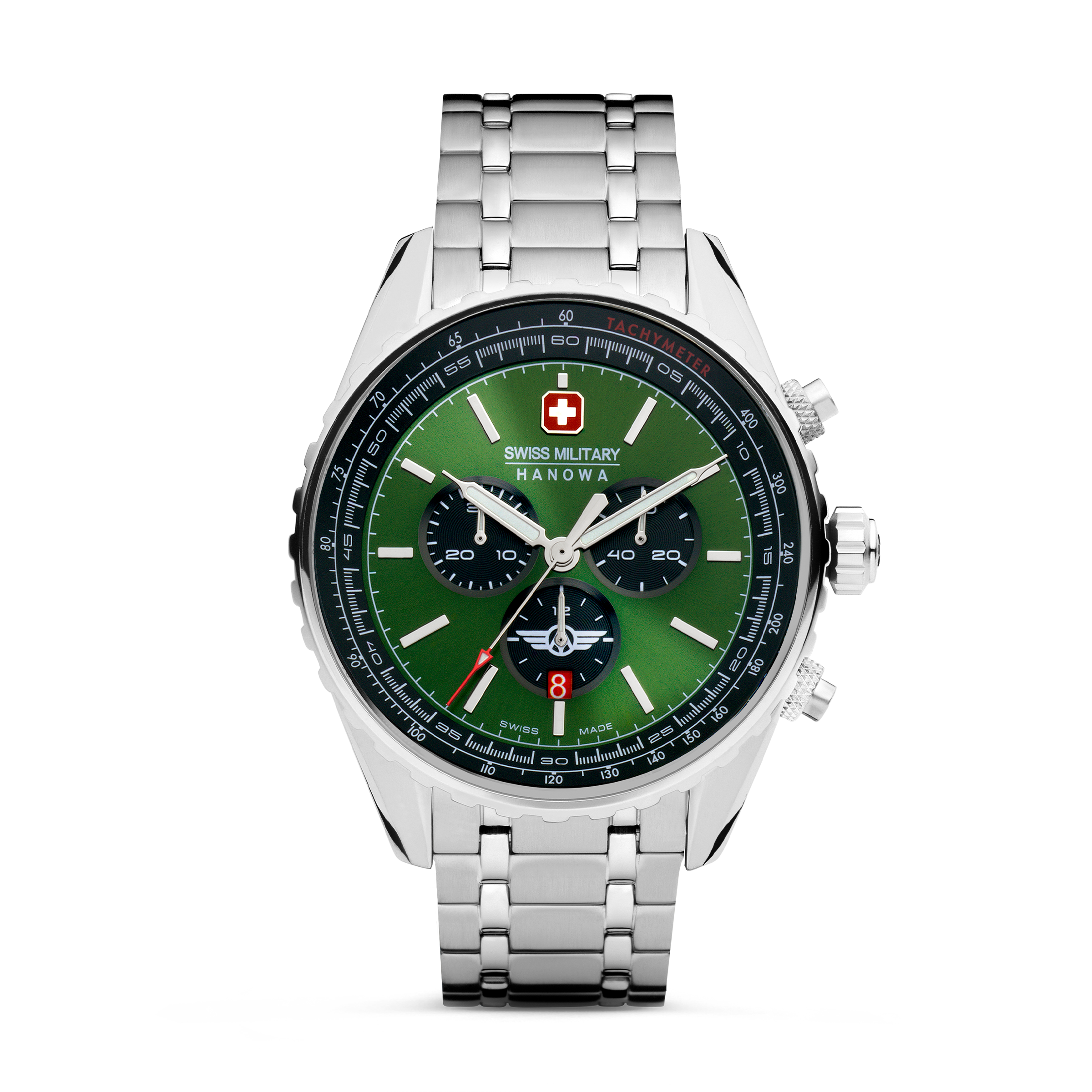 Swiss Military Hanowa Afterburn Chrono. Stainless steel case. Green dial, Stainless steel bracelet.