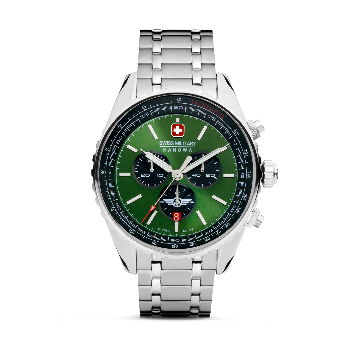 Swiss Military Hanowa Afterburn Chrono. Stainless steel case. Green dial, Stainless steel bracelet.