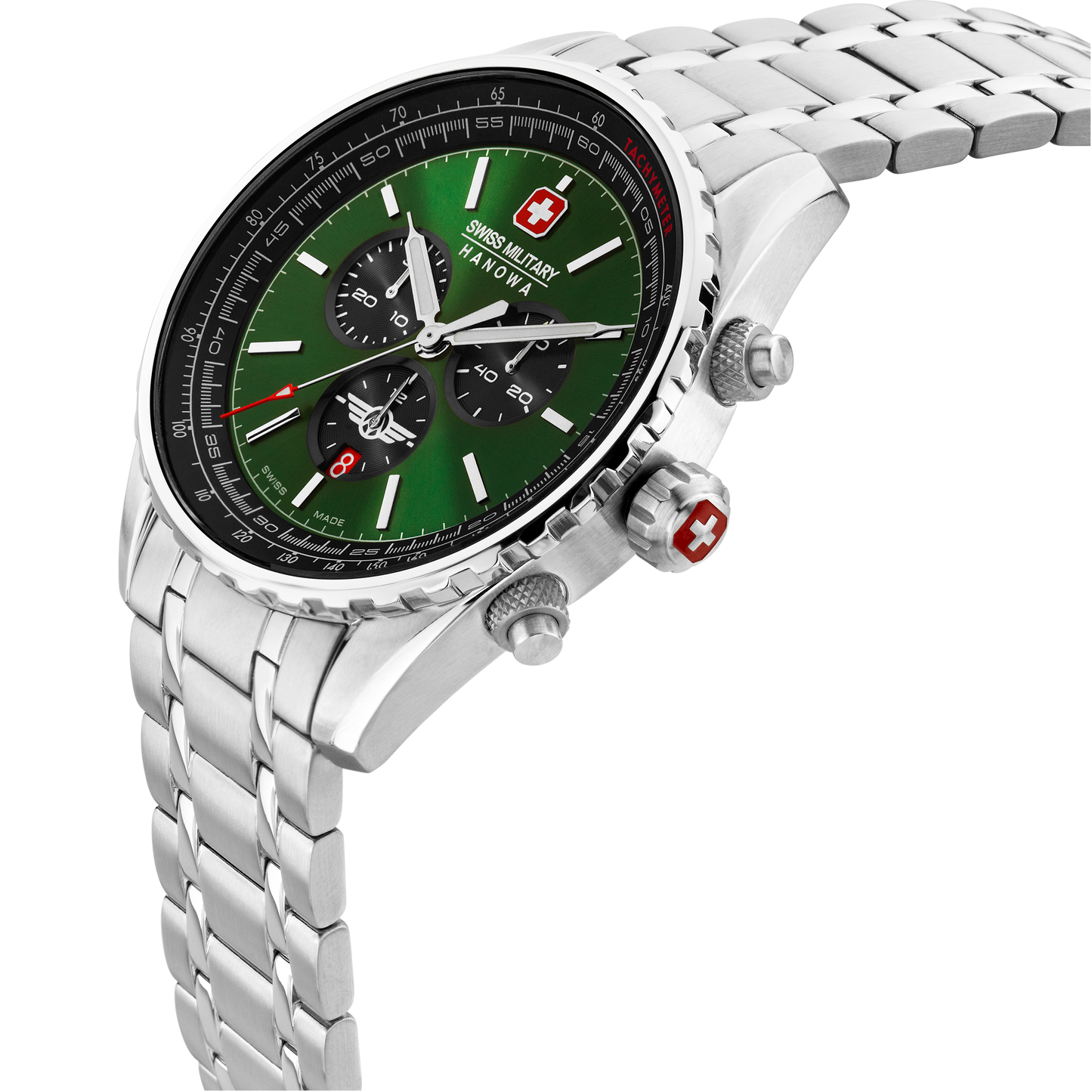 Swiss Military Hanowa Afterburn Chrono. Stainless steel case. Green dial, Stainless steel bracelet.