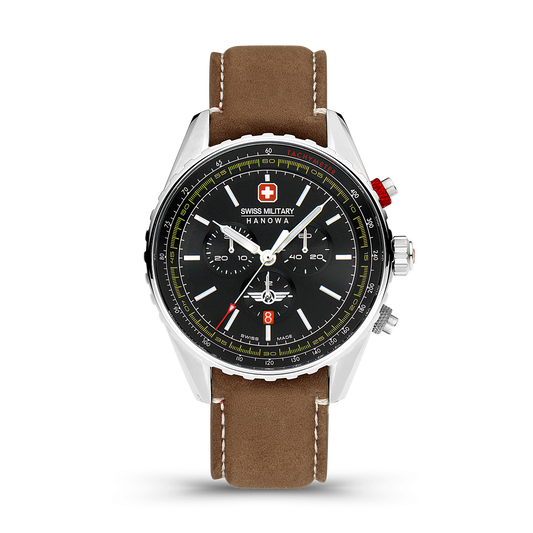 Swiss Military Hanowa Afterburn Chrono. Stainless steel case, black dial and a genuine brown Italian leather strap. Front image.