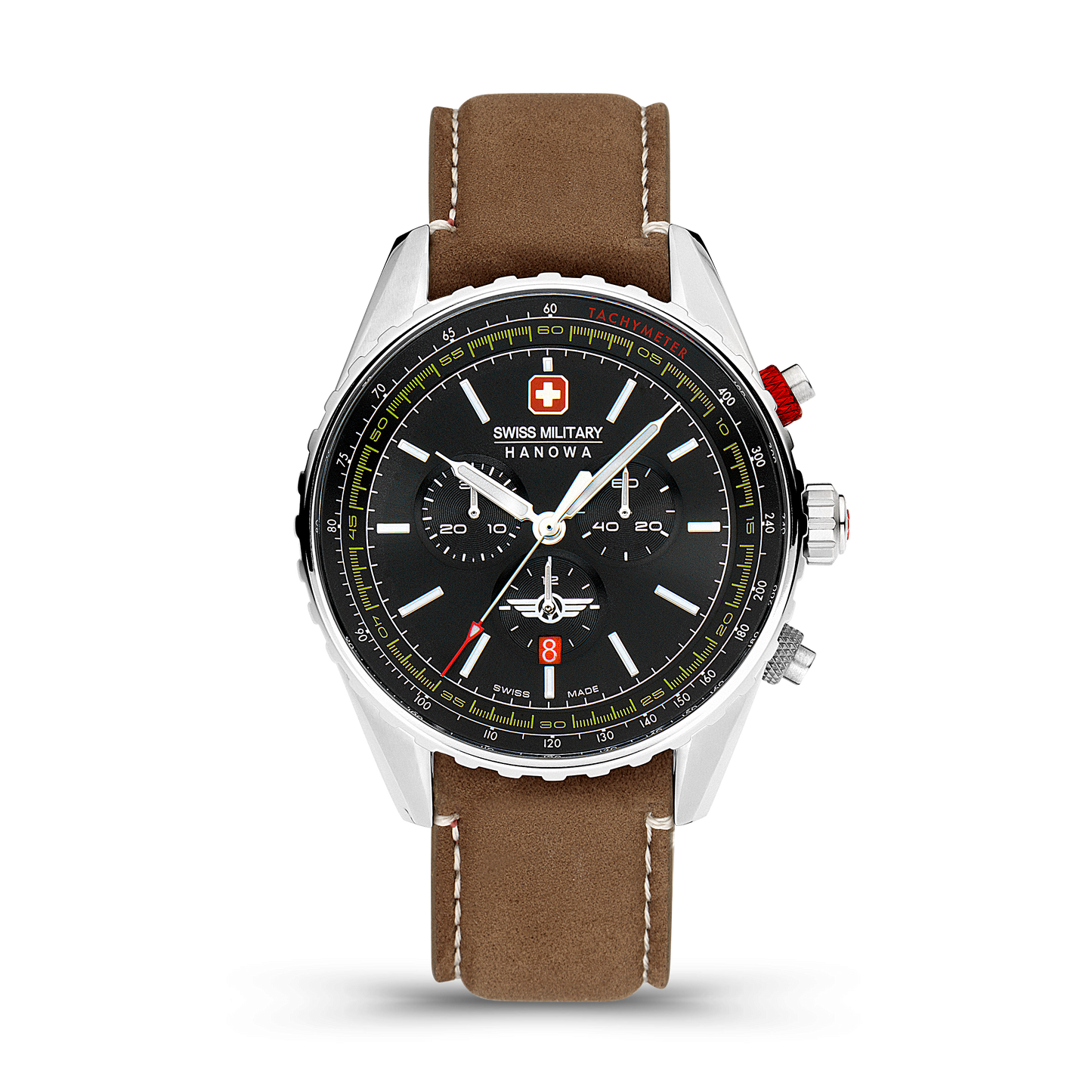 Swiss Military Hanowa Afterburn Chrono. Stainless steel case, black dial and a genuine brown Italian leather strap. Front image.