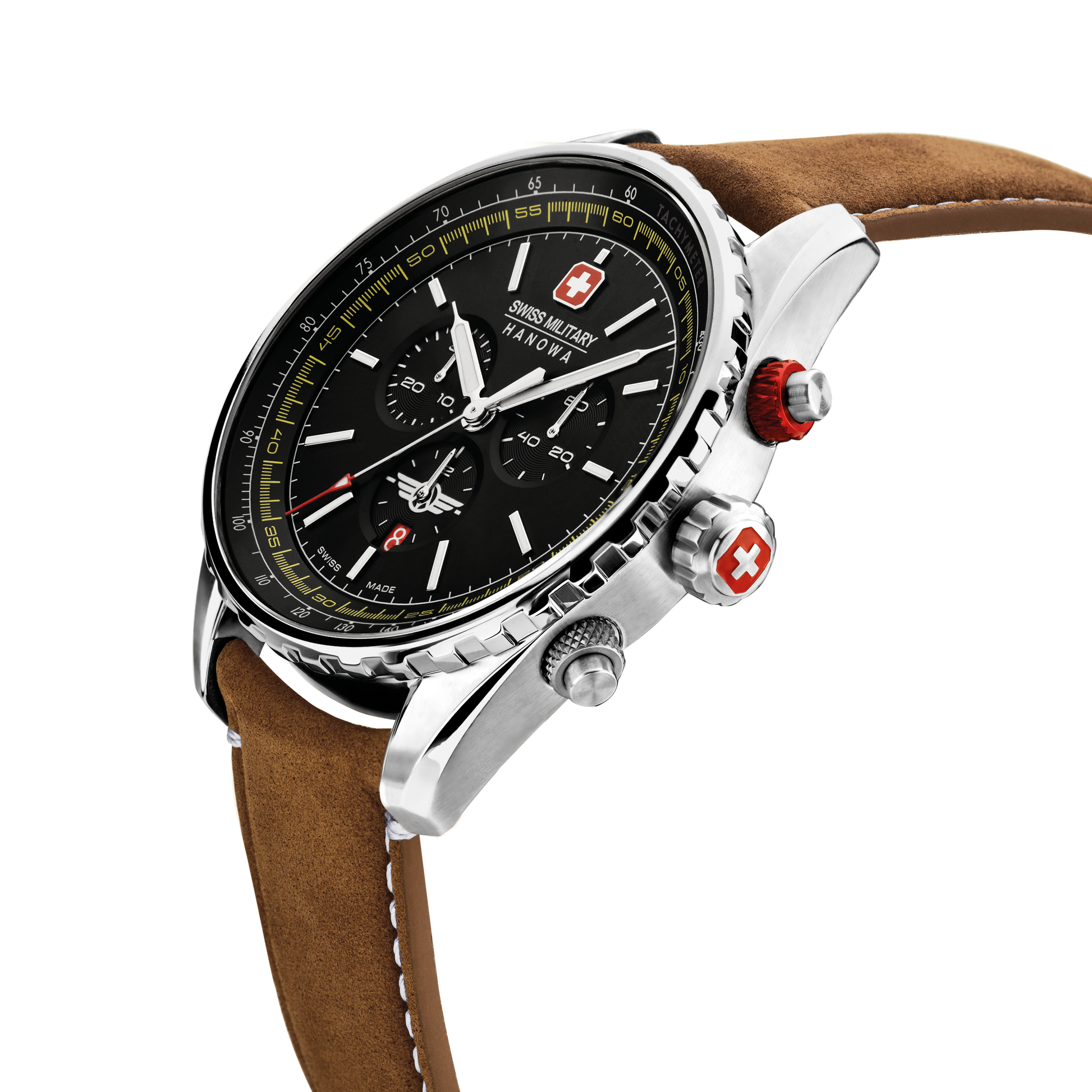 Swiss Military Hanowa Afterburn Chrono. Stainless steel case, black dial and a genuine brown Italian leather strap. Side image.