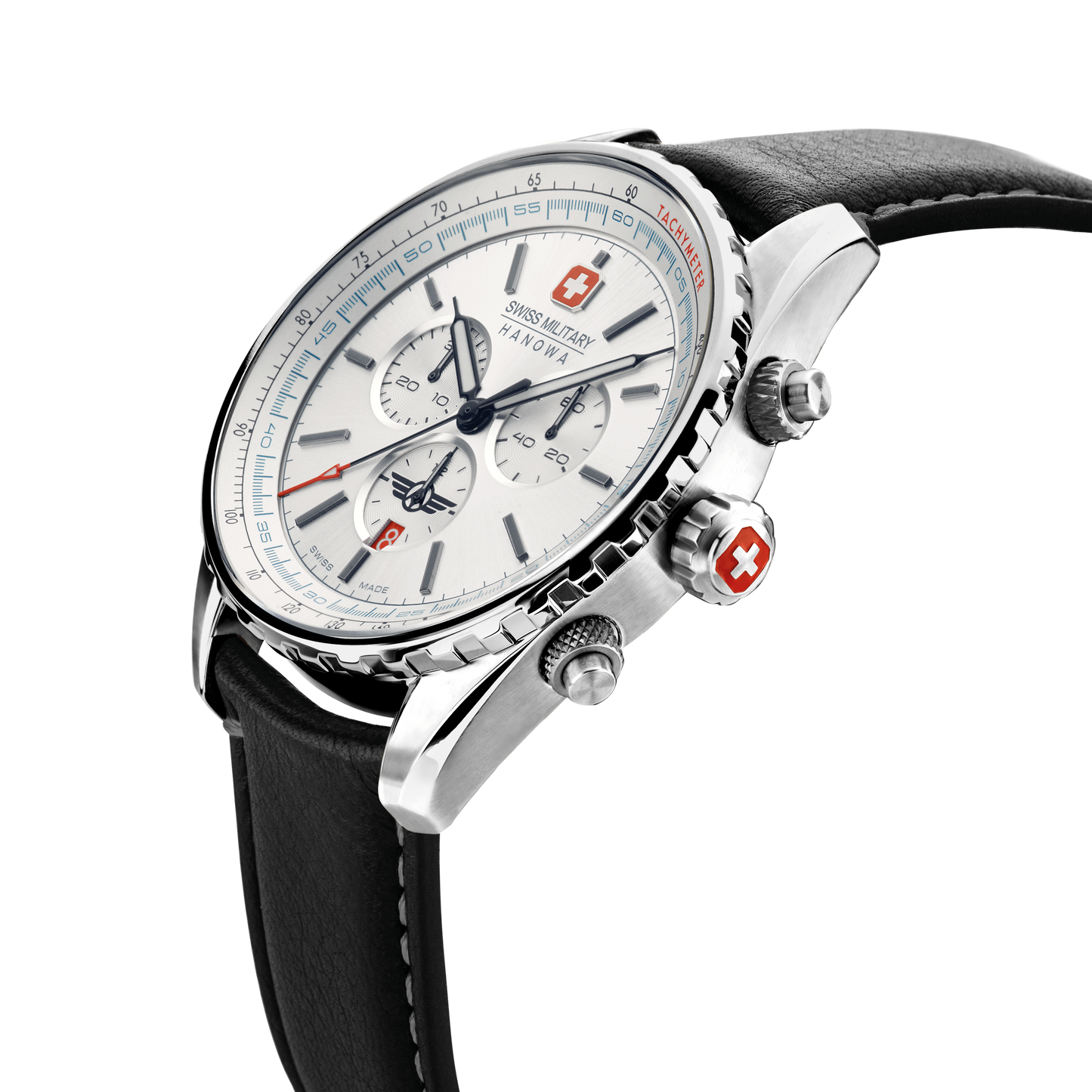 Swiss Military Hanowa Afterburn Chrono. Stainless steel case, silver dial and a genuine black Italian leather strap. Side image.