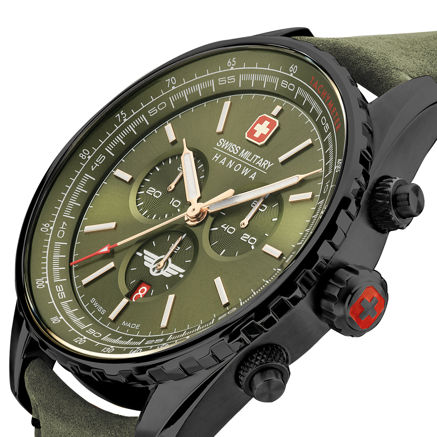 Swiss Military Hanowa Afterburn Chrono. Stainless steel case in gunmetal PDV plating, olive green dial and a genuine olive green Italian leather strap. Close up image.