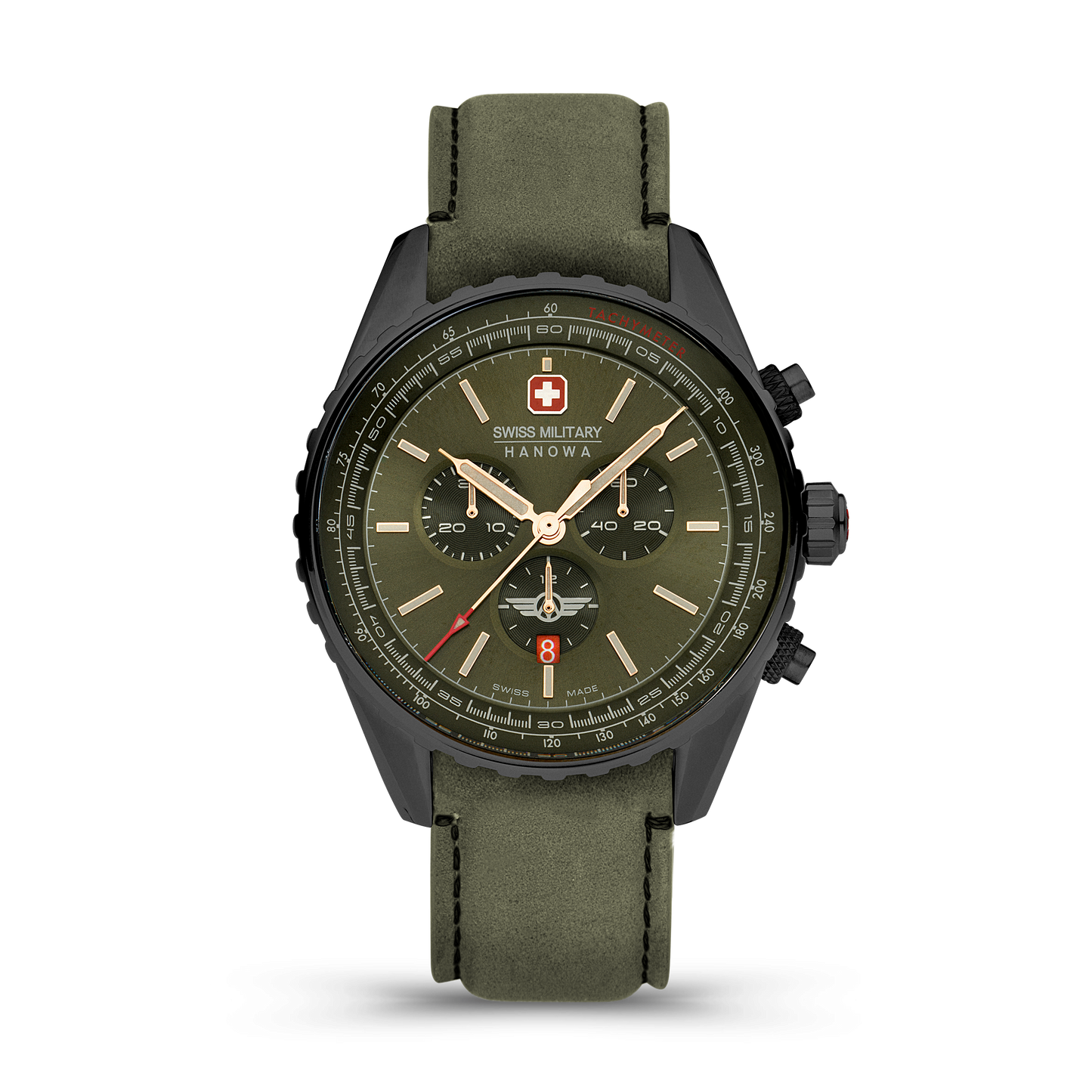 Swiss Military Hanowa Afterburn Chrono. Stainless steel case in gunmetal PDV plating, olive green dial and a genuine olive green Italian leather strap. Front image.