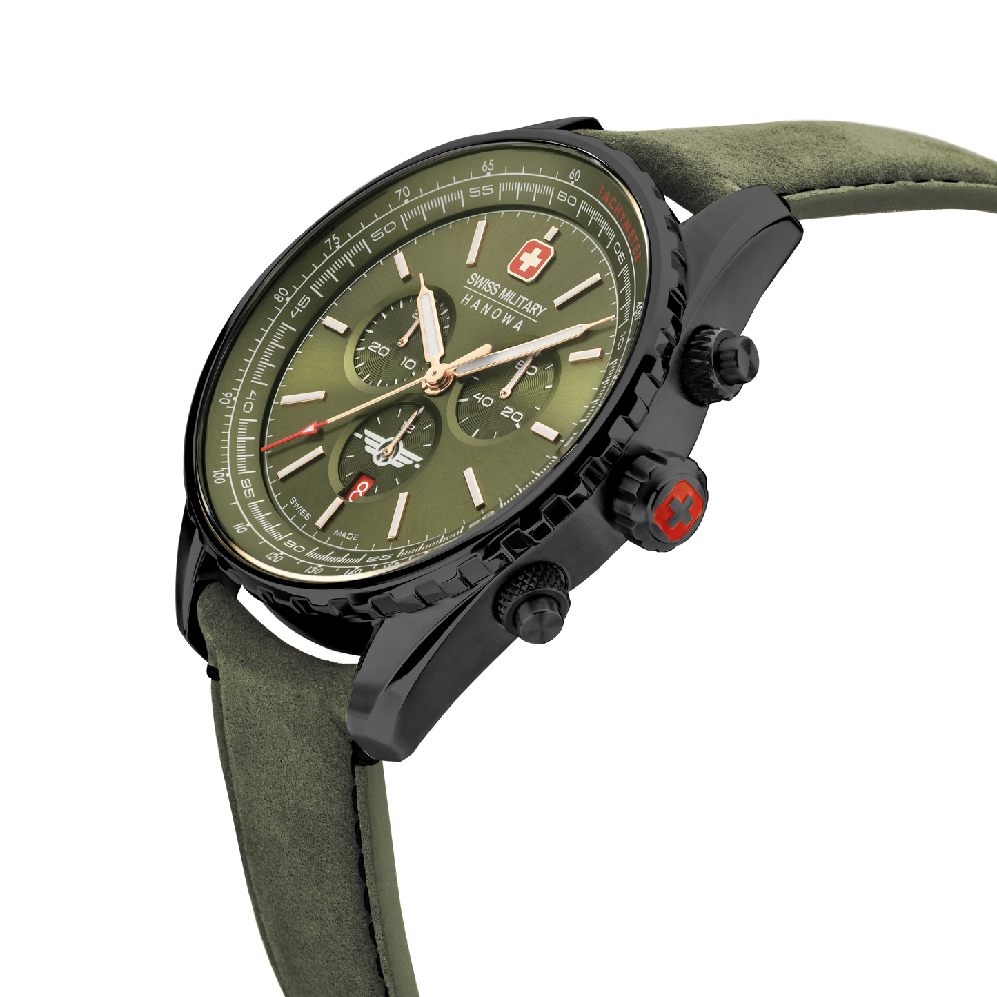 Swiss Military Hanowa Afterburn Chrono. Stainless steel case in gunmetal PDV plating, olive green dial and a genuine olive green Italian leather strap. Side image.