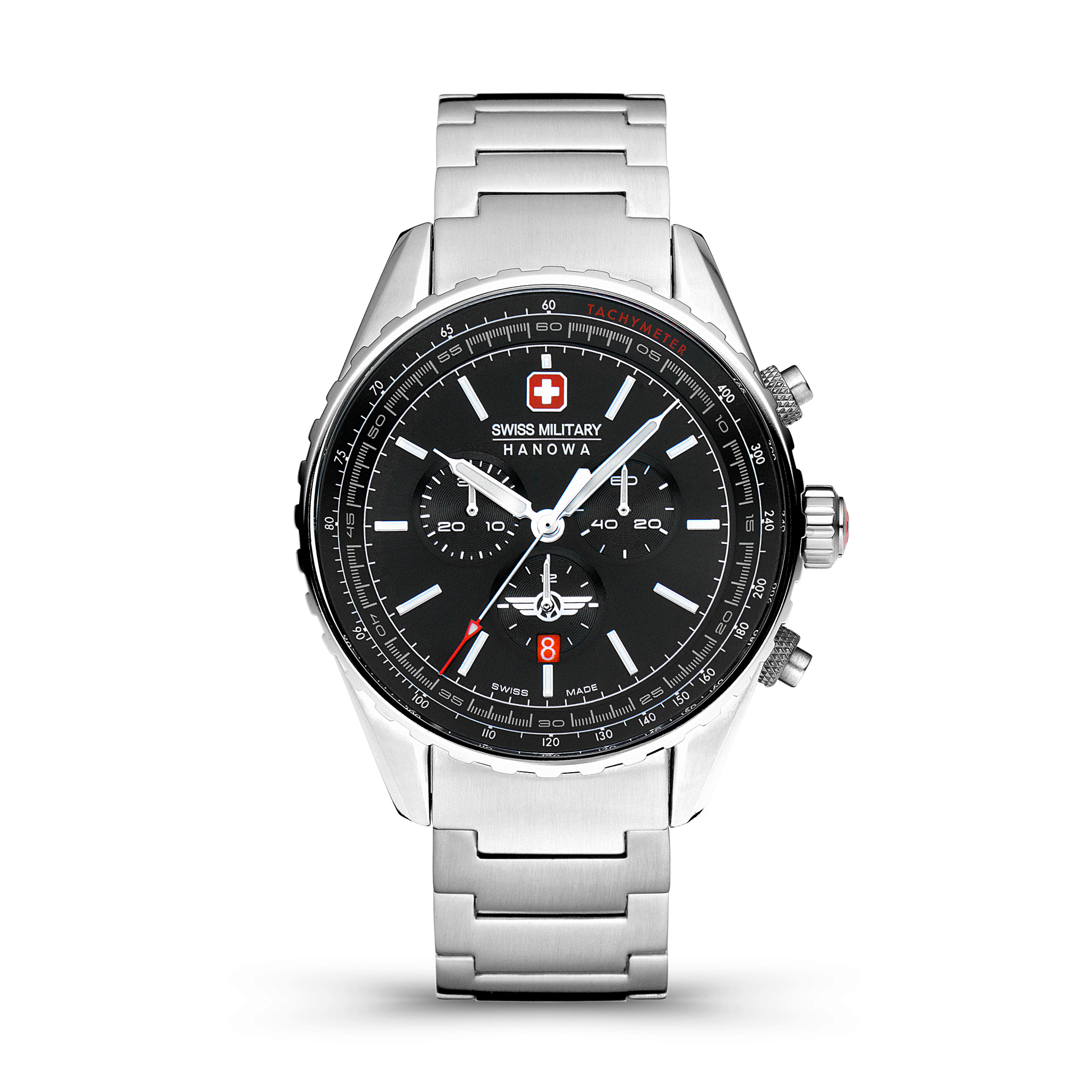 Swiss Military Hanowa Afterburn Chrono. Stainless steel case. Black dial, Stainless steel bracelet. Front image.