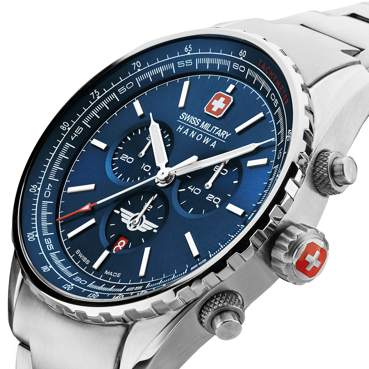 Swiss Military Hanowa Afterburn Chrono. Stainless steel case. Blue dial, Stainless steel bracelet. Close up  image.