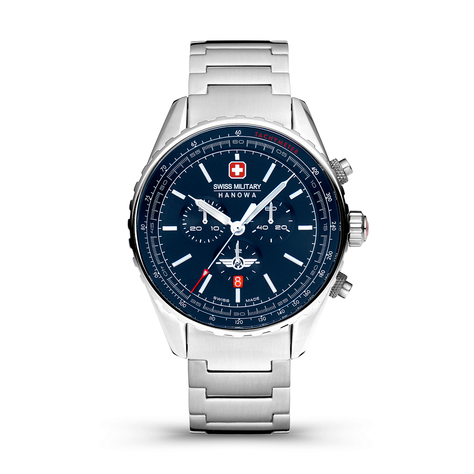 Swiss Military Hanowa Afterburn Chrono. Stainless steel case. Blue dial, Stainless steel bracelet. Front image.