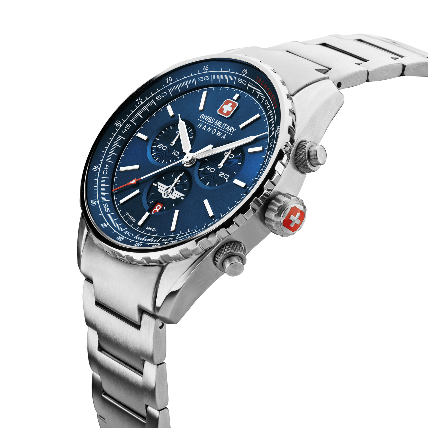 Swiss Military Hanowa Afterburn Chrono. Stainless steel case. Blue dial, Stainless steel bracelet. Side image.