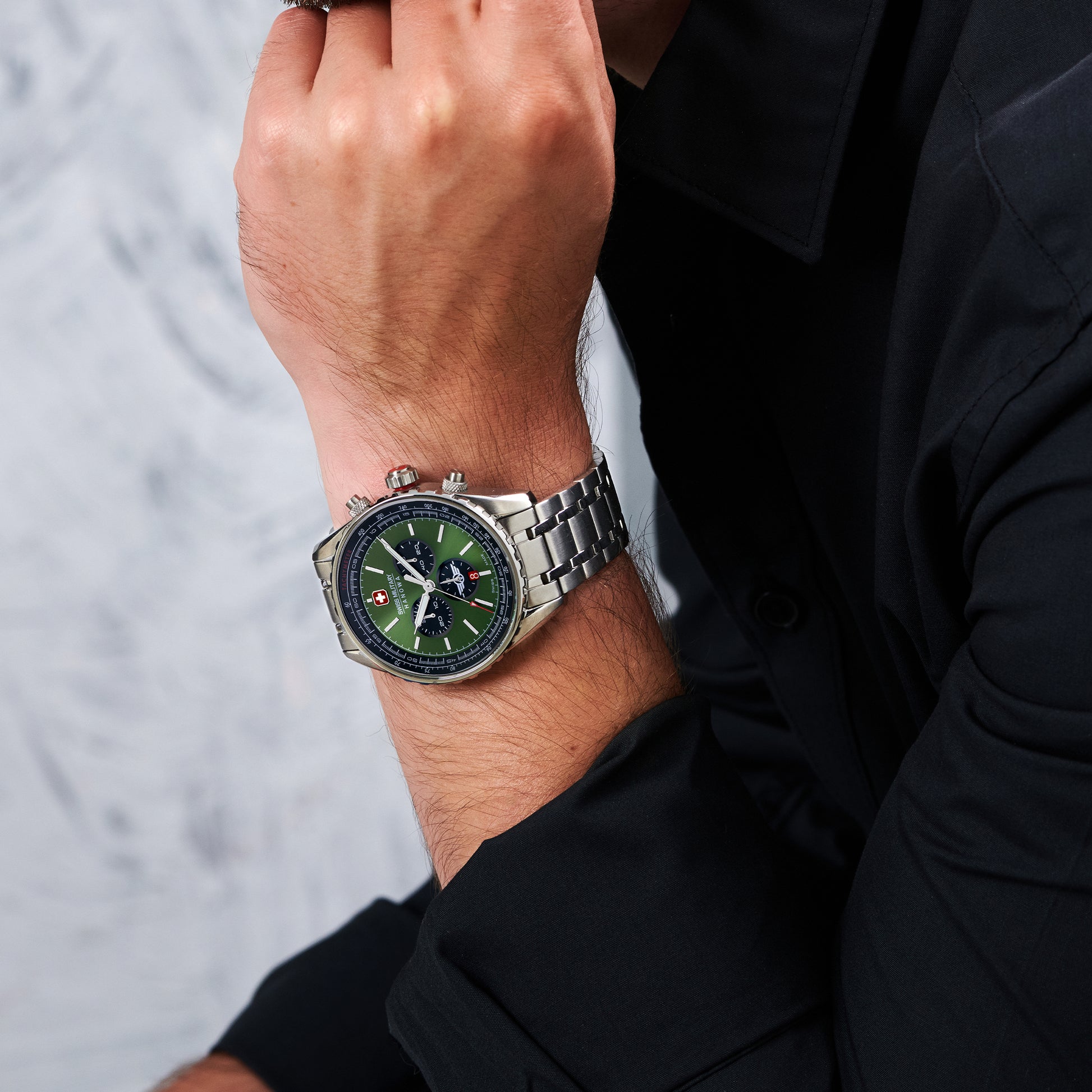 Swiss Military Hanowa Afterburn Chrono. Stainless steel case. Green dial, Stainless steel bracelet.