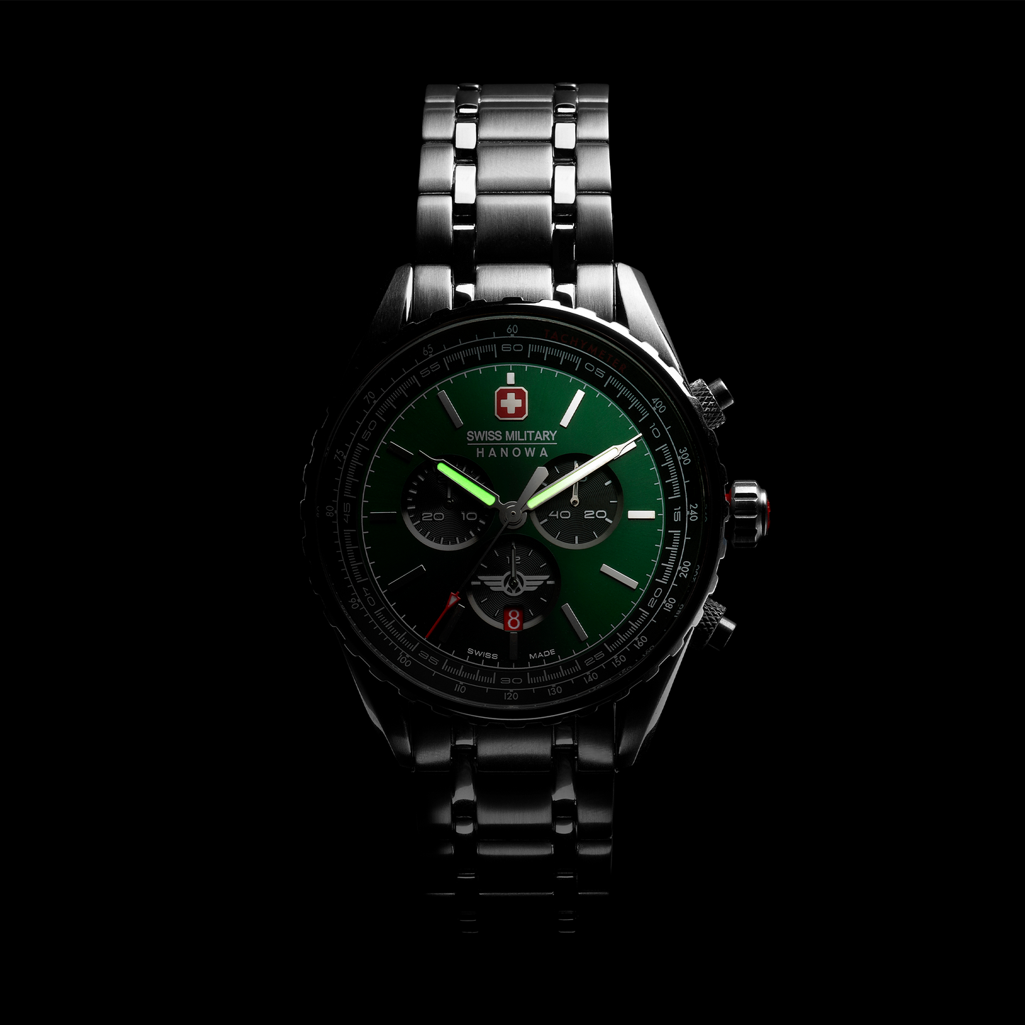 Swiss Military Hanowa Afterburn Chrono. Stainless steel case. Green dial, Stainless steel bracelet.