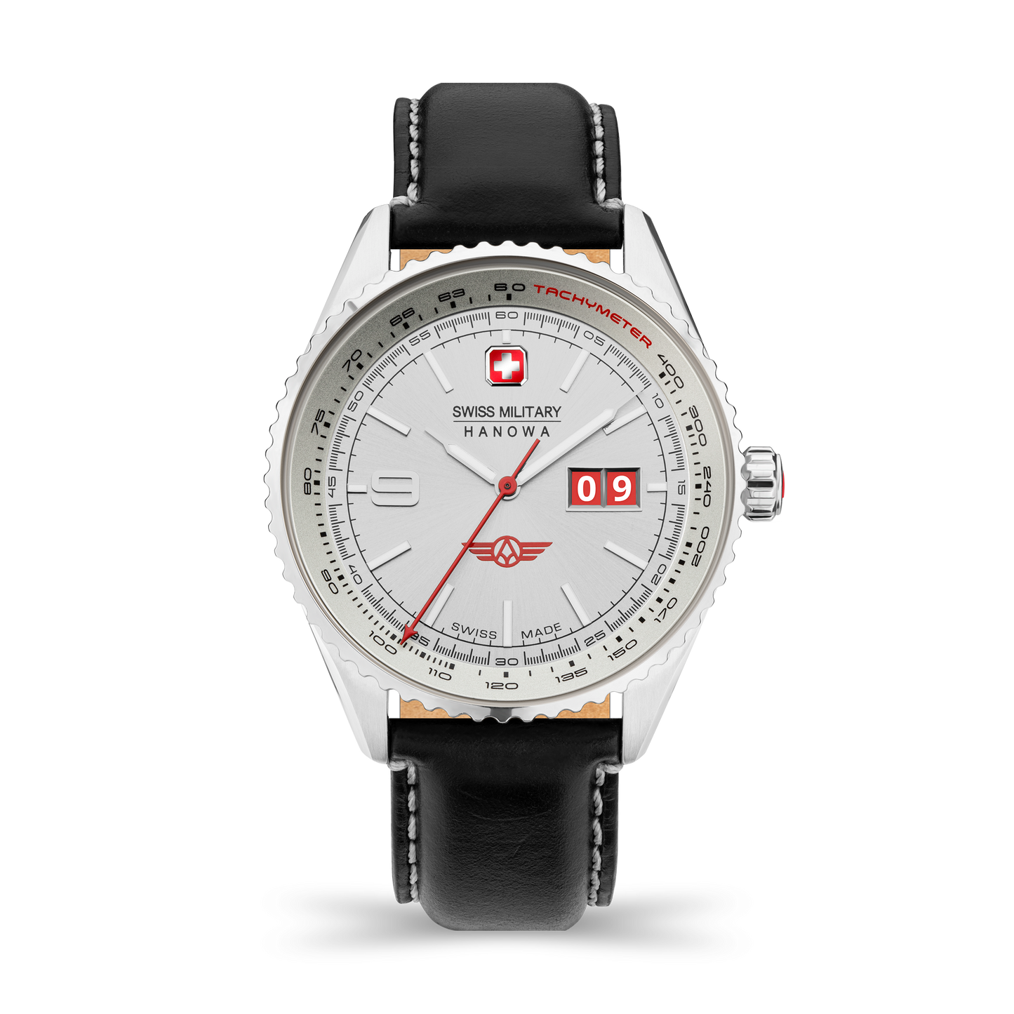 Swiss Military Hanowa Afterburn. Stainless steel case, silver dial, big date with red date disk, genuine italian leather in black. Front image