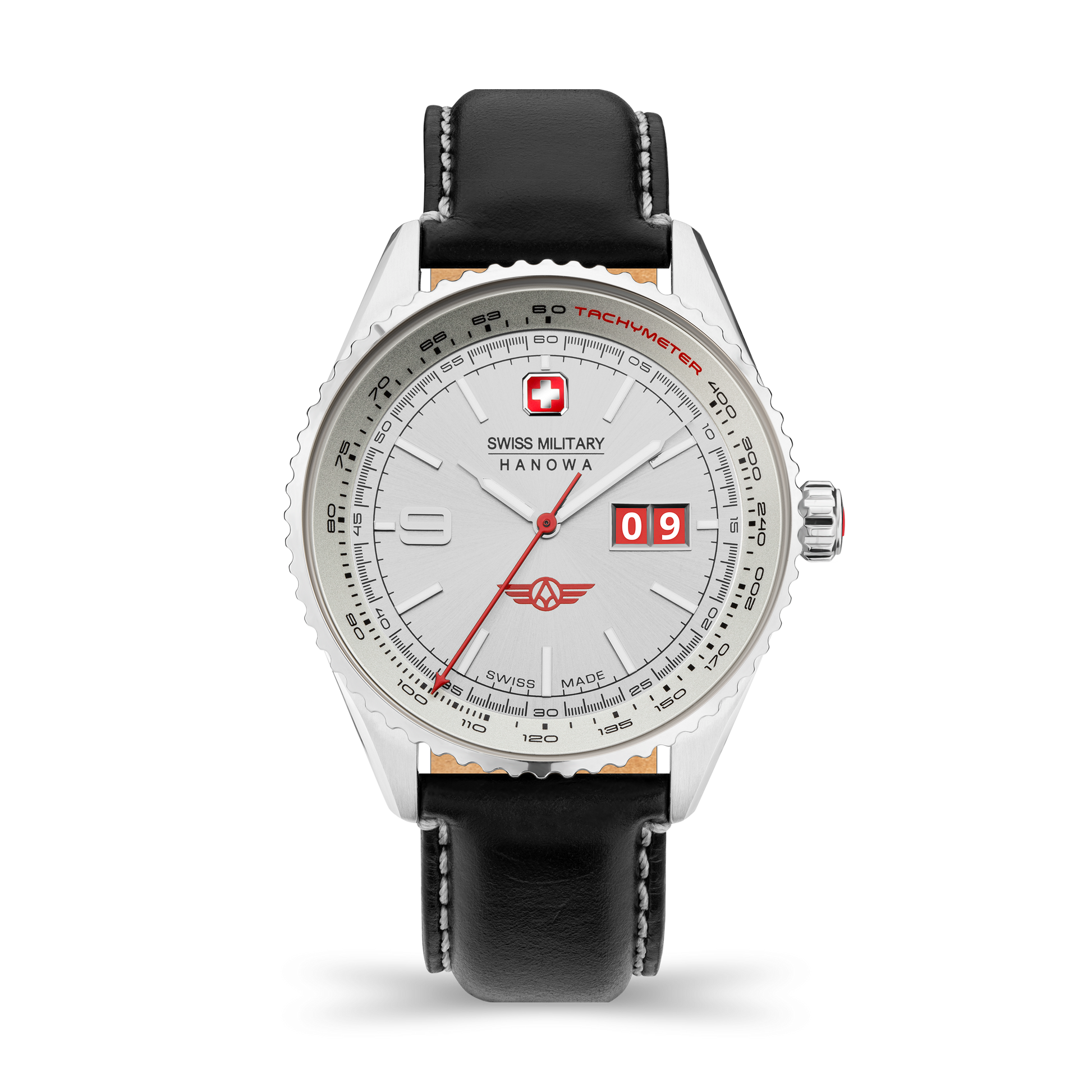 Swiss Military Hanowa Afterburn. Stainless steel case, silver dial, big date with red date disk, genuine italian leather in black. Front image