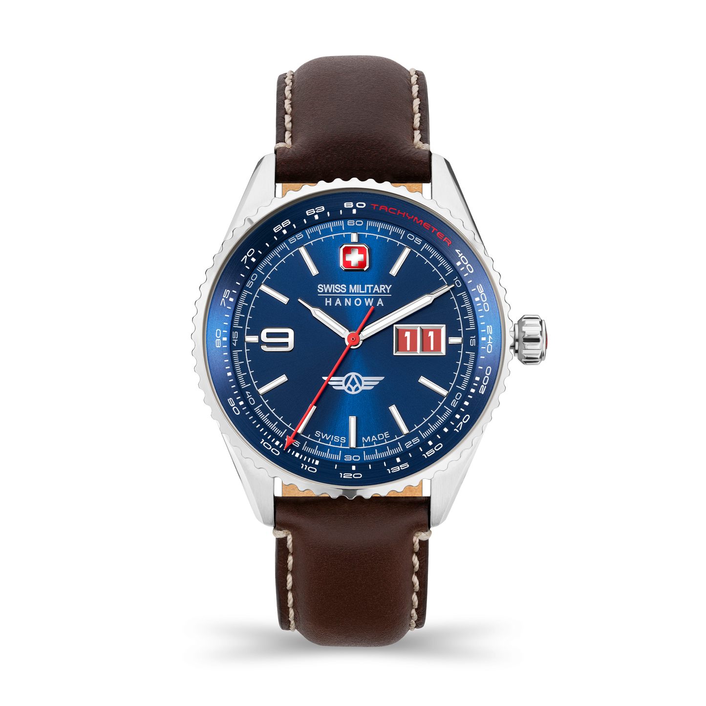Swiss Military Hanowa Afterburn. Stainless steel case, blue dial, big date with red date disk, genuine italian leather in brown. Front image.