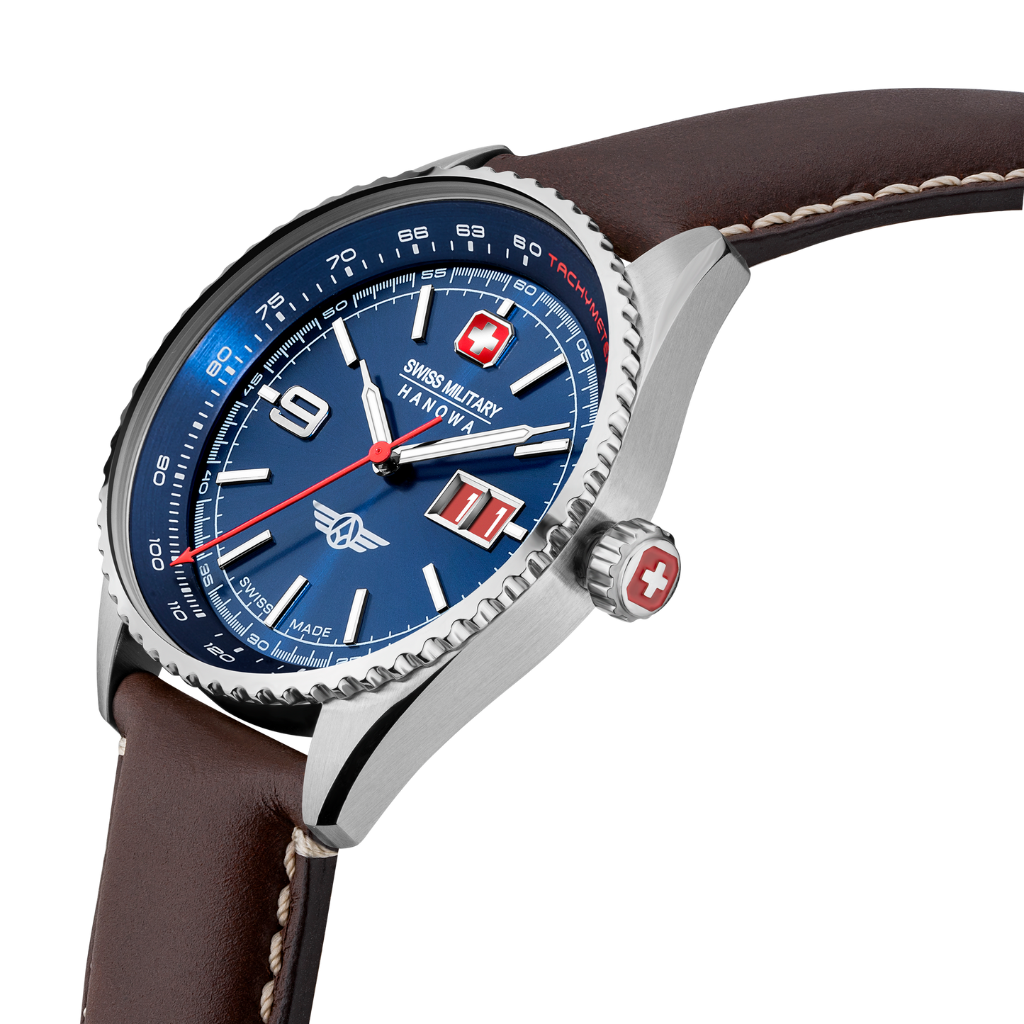 Swiss Military Hanowa Afterburn. Stainless steel case, blue dial, big date with red date disk, genuine italian leather in brown. Side image.